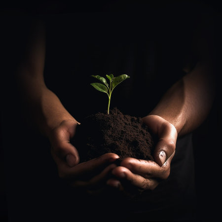 hand holding small tree for planting. hands holding a fresh green seedling in dirt, dark shadows,concept green world earth day,farmer,nature,new life, plantingの素材