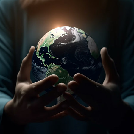 Hands holding earth.Earth in your hands, Saving Earth concept, Hands holding Earth with a black background. Human hands holding global copy space space for textの素材