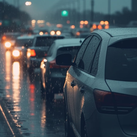 Traffic jam heavy on highway on rainy day with raindrops on car glasses. blurred background, motion blur, evening peak hourの素材