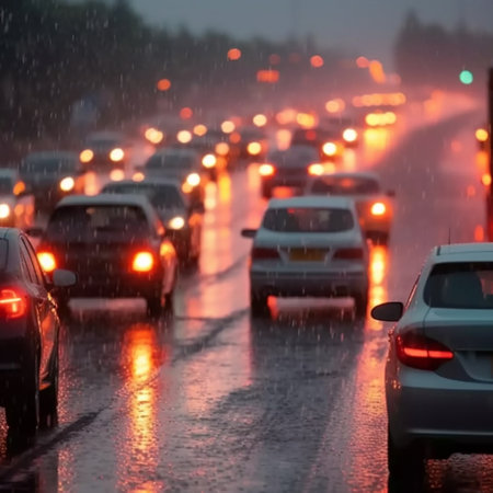 Traffic jam heavy on highway on rainy day with raindrops on car glasses. blurred background, motion blur, evening peak hourの素材