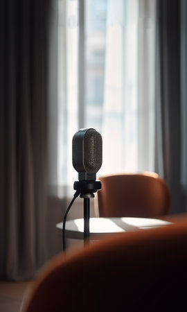 Sound and voice recording studio with nobody for podcast. Vintage style microphone and tools for record in room with noise reduction and resonance absorb foam wall in background for good acoustic with copy space. workの素材