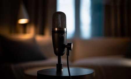Sound and voice recording studio with nobody for podcast. Vintage style microphone and tools for record in room with noise reduction and resonance absorb foam wall in background for good acoustic with copy space. workの素材