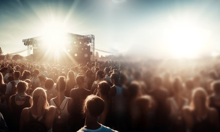 People on music festival in the summer, back view, daylight sunny summer day, big group at party with dj, summer nightlife, disco club outside, fun youth, entertainment festive concept, Female back view happyの素材