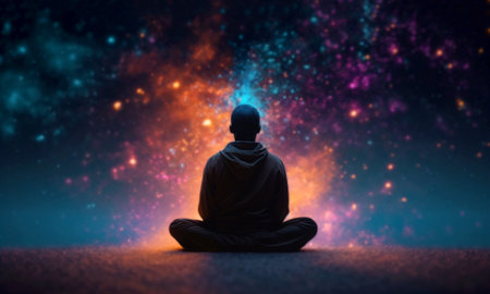 Buddhist monk observing the universe sitting in lotus position to do meditate, galaxy and stars fantasy background, meditation by night in the open skyの素材