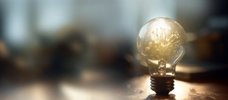 Idea concept, burning lightbulb on wooden table with bokeh background, inspiration,business,teamwork,idea concept. copy space space for textの素材