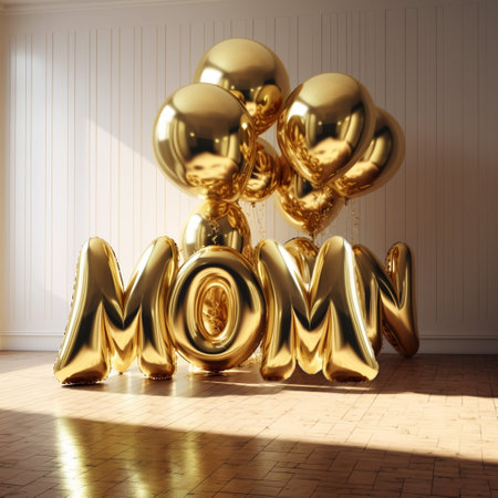 Gold balloons in the shape of the text Mom, Happy Mothers day concept, surrounded with colorful various flowers. balloons. birthday, holiday, golden and transparent sparkling festive background beautyの素材