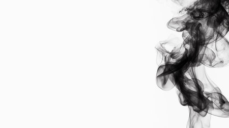 black smoke isolated on white background, Abstract design with copy space, design element. Smoke texture freeze motion dark powder smooth. space for textの素材