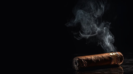 burning brown cigar with smoke on black background with copy space, Cuban cigars,robusto space for textの素材
