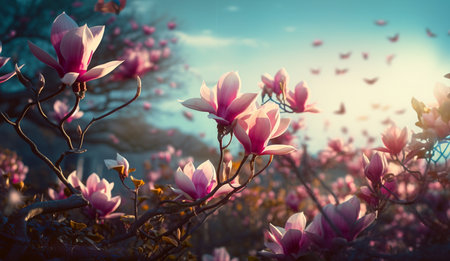 Blooming magnolia tree in the spring sun rays. Selective focus. copy-space. Easter, blossom spring, sunny woman day concept. Pink purple magnolia flowers in blue summer sky beautiful bokehの素材