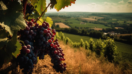 Grape field growing for wine. Red grapes close up, Vineyard hills. Summer scenery with wineyard rows in Italy Tuscany beautiful landscapeの素材