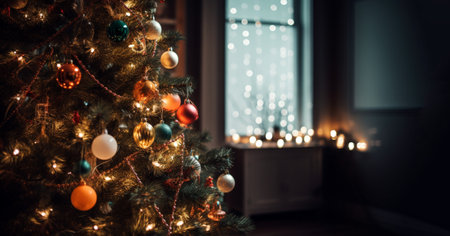 Beautiful holdiay decorated room with Christmas tree with presents under it, Merry Christmas Holiday concept. Beautiful decorated living room bokehの素材