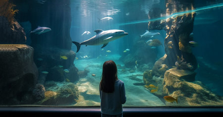 little kid watching the shoal of fish swimming in oceanarium, cute toddler visiting zoo aquarium, watching fishes deep sea wildlife silhouette beautifulの素材