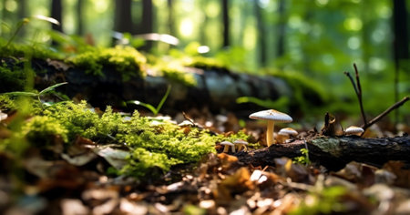 Bright forest clearing,beautiful sunlight and seasonal nature background with bokeh and short depth of field. Close-up with space for text, close-up on wildlife nature mushrooms and green fresh leaves landscapeの素材