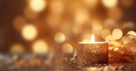 one burning candle lights at the edge of blurred festive background, decorative golden shiny candle lights copy space, Holiday,Happy New Year,Merry Christmas,Festive,party background concept space for textの素材