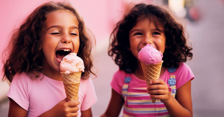 Two happy dark skinned children eating ice cream Summer, vacation, childhood, motherhood, food concept. Mom treats siblings to ice cream. Kids aged 2 and 3 years eating ice cream in the garden outdoors. Happy children taste sweets on a picnic smileの素材