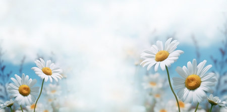 Green grass and chamomile in the meadow. Spring or summer nature scene with blooming white daisies in sun glare. soft focus. pastel colored with copy space space for textの素材