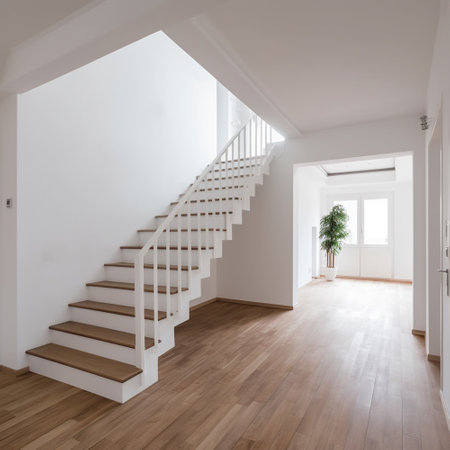 New modern empty house with wooden stairs, Interior of stylish house corridor, entry, staircase luxury home, wood floor empty living room at daylight, house for sale,mortgage,rent,apartment beautyの素材