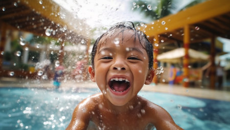 Child playing and splashing in pool in the summer, Cute child jumping in swimming pool, having fun on a Holiday sunlight multicultural beautyの素材