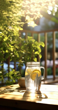 Summer refreshing lemonade drink or alcoholic cocktail with ice and lemon slices on wooden table in the garden. Fresh healthy cold lemon beverage. Water with lemon in the spring or summer with blurred nature background copy space gardenの素材