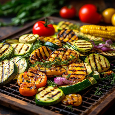 Grilled vegetables colorful bell pepper, zucchini, eggplant with basil and dry herbs on a plate over dark slate, stone, concrete or metal background.Top view. summer bbque vegetarian healthy food concept corn,tomatoの素材