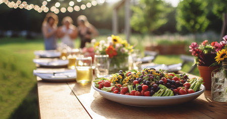 Happy family dining and tasting red wine glasses in barbecue dinner party - People with different ages and ethnicity having fun together - Youth and elderly parents and food weekend activities conceptの素材