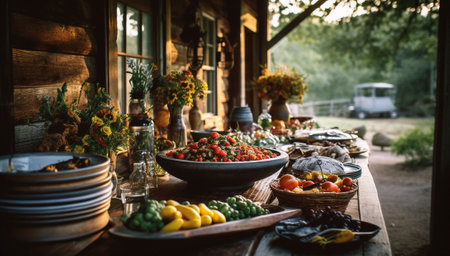 Garden table filled with food, bbq,summer food table.Table filled with drinks and food outside in the garden under the trees. on the table a glass vase with blue meadow flowers. traditionalの素材
