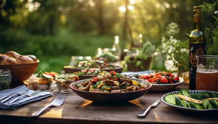Garden table filled with food, bbq,summer food table.Table filled with drinks and food outside in the garden under the trees. on the table a glass vase with blue meadow flowers. traditionalの素材