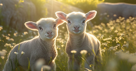 cute little lambs with sheep on fresh green meadow during sunrise Newborn lambs in flower field, cute summer landscape wildlifeの素材