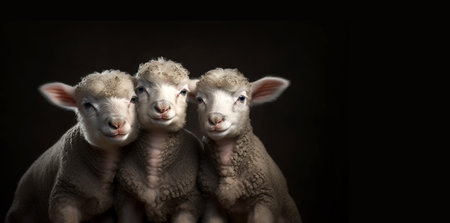 White lamb isolated on black background. cute portrait of a fluffy sheep, Close-up of a young sheep looking at camera with copy space on black background. space for textの素材