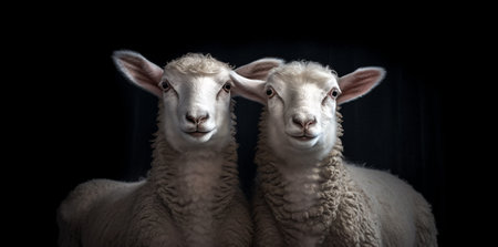White lamb isolated on black background. cute portrait of a fluffy sheep, Close-up of a young sheep looking at camera with copy space on black background. space for textの素材