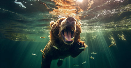 Bear swimming under water, fishing, The Kamchatka brown bear, Ursus arctos beringianus catches salmons at Kuril Lake in Kamchatka, running in the water, action picture wildlifeの素材