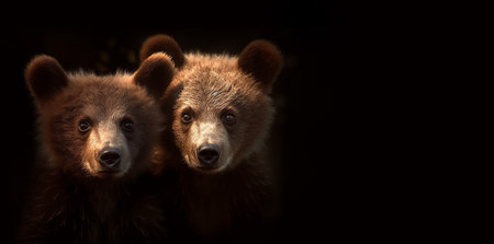 Brotherhood of brown bear cubs. Closeup portrait of cute brown bear kids on black background. Beautiful children isolated on black background, wildlife,bears,animals concept copy spaceの素材