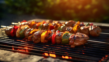 steak cooking on fire with vegetables, bbq grill with flames, cooking juicy delicious beef meat, tastyの素材