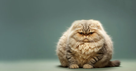 A lazy chubby funny fat cat, obese,overweight pet looking angry at camera copy space, medical health concept animals funの素材