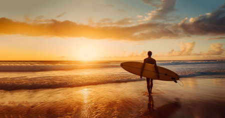 Happy guy in beachwear holding a surfboard. Surfer back view, looking at the ocean sunrise with summer sky. People in water sport adventure camp, extreme activity on family summer beach vacation. Water sports background copy space space for textの素材