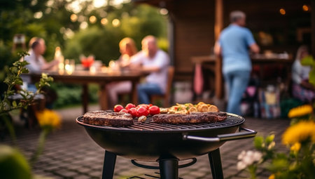 Happy family dining and tasting red wine glasses in barbecue dinner party - People with different ages and ethnicity having fun together - Youth and elderly parents and food weekend activities conceptの素材