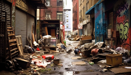 Garbage and piles of junk in city street, old damaged neighborhood needs cleaning messyの素材