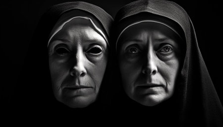 An evil cursed nun with black horror devil eyes, looks at the camera on a black background. Halloween. horror. scary portrait demonicの素材