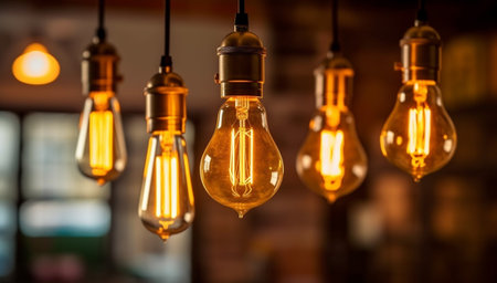 Classic retro lighting bulb in orange warm light shade during it glowing with blurred of other bulbs as bokeh background. Object for interior decoration, selective focus photo. Vintage Edison design glowの素材