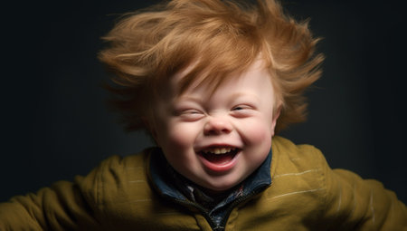 Down syndrome child, portrait of a cute happy child with down syndrome smiling. Beautiful human portraitの素材