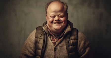 Happy man with down syndrome smiling and looking at camera, portrait photo of an elderly man with down syndrome smiling beautyの素材
