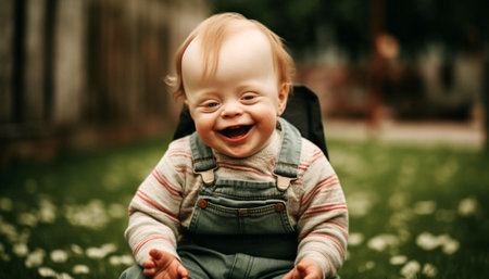 Down syndrome child, portrait of a cute happy child with down syndrome smiling. Beautiful human portraitの素材