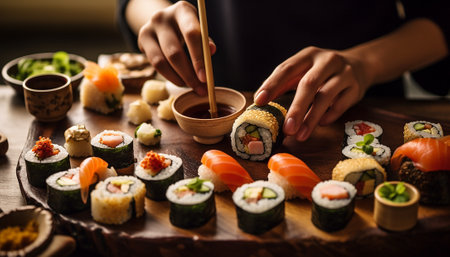 Assorted sushi nigiri and maki big set on slate. A variety of Japanese sushi with tuna, crab, salmon, eel and rolls. dark backgroundの素材