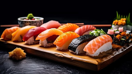 Assorted sushi nigiri and maki big set on slate. A variety of Japanese sushi with tuna, crab, salmon, eel and rolls. dark backgroundの素材