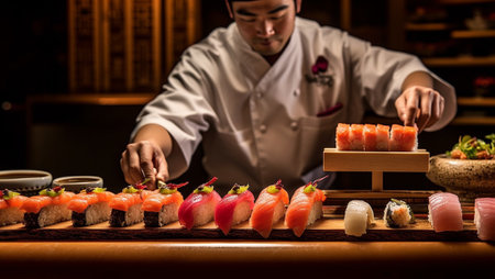 Asian chef hands preparing sushi, japanese food. Japanese chef making sushi at restaurant. Young chef serving traditional japanese sushi served on a black stone plate. Japanの素材