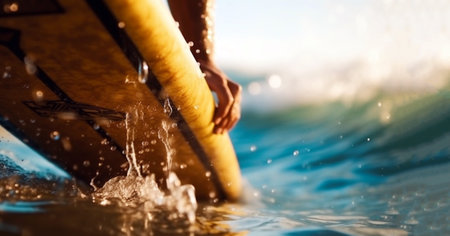 colorful surfboards on the ocean waves, super close up with beautiful sunlight. colorful surf background beautyの素材