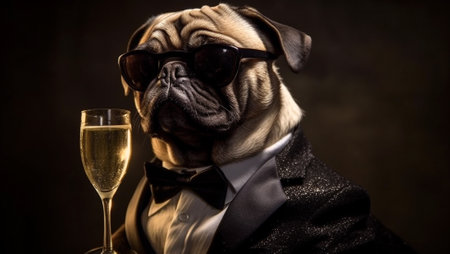 Cool pug dog wearing sunglasses and having champagne in glass on dark background. Party and funny Cheers background. Puppy animal festive stylishの素材