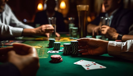 casino, gambling, poker, people and entertainment concept close up of poker player with playing cards and chips at green casino table in casino entertainmentの素材