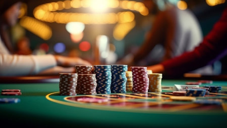 casino, gambling, poker, people and entertainment concept close up of poker player with playing cards and chips at green casino table in casino entertainmentの素材