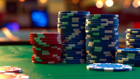 gambling, fortune, game and entertainment concept close up of casino chips on green table surface with blurred background. colorfulの素材